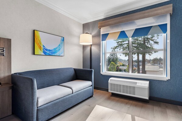 A modern living room with a blue sofa, a floor lamp, a large window with a view of trees, and a radiator. - Holiday Inn Express Hotel & Suites Santa Cruz by IHG (Santa Cruz)