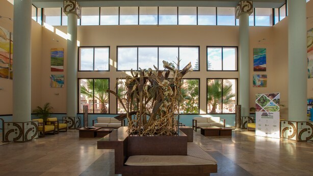 A spacious lobby with large windows, a central plant arrangement, and seating areas. - Apartamentos Leo Punta Umbría (Punta Umbría)