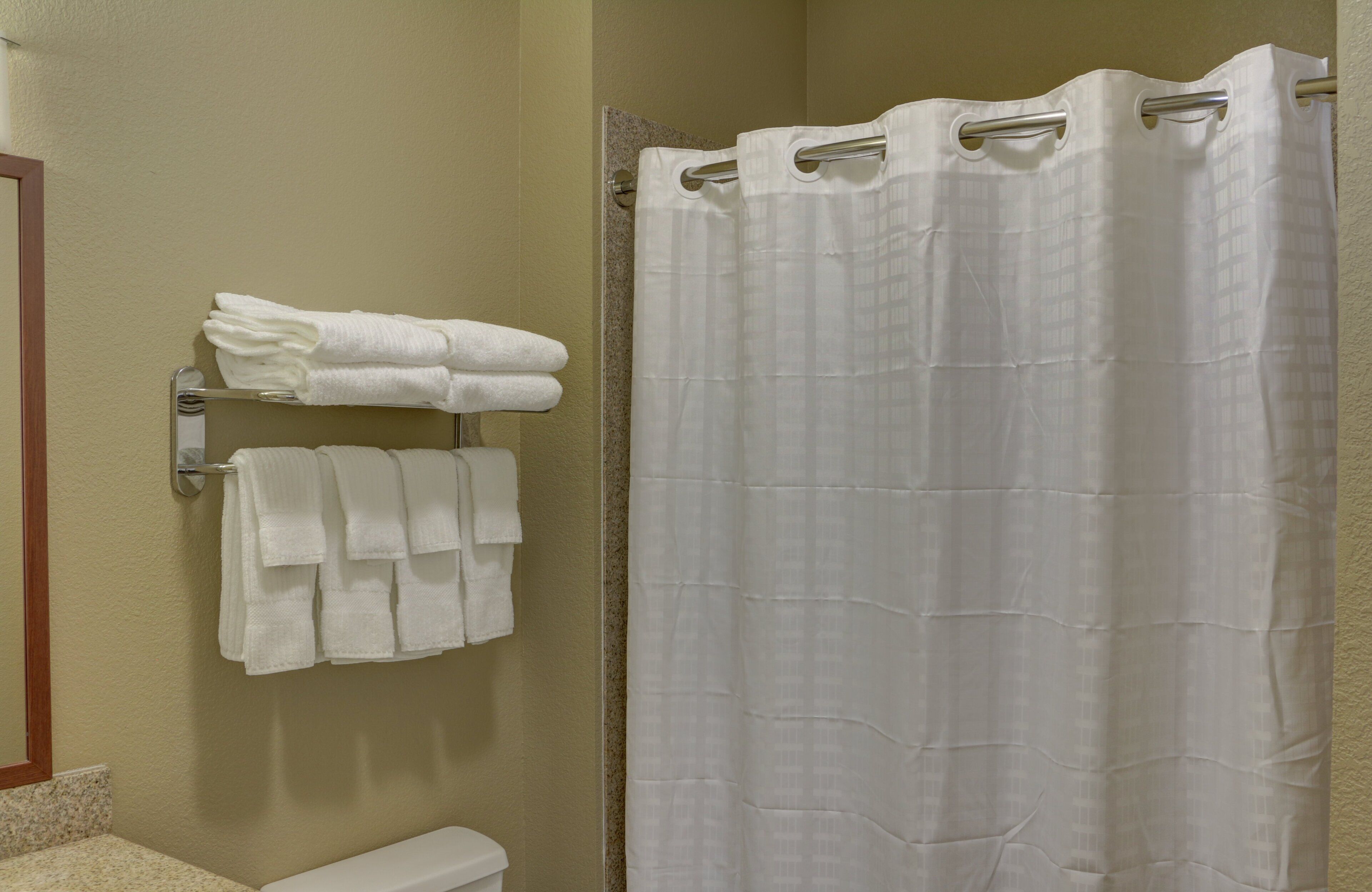A bathroom with a shower curtain, a toilet, and towels hung on a rack.