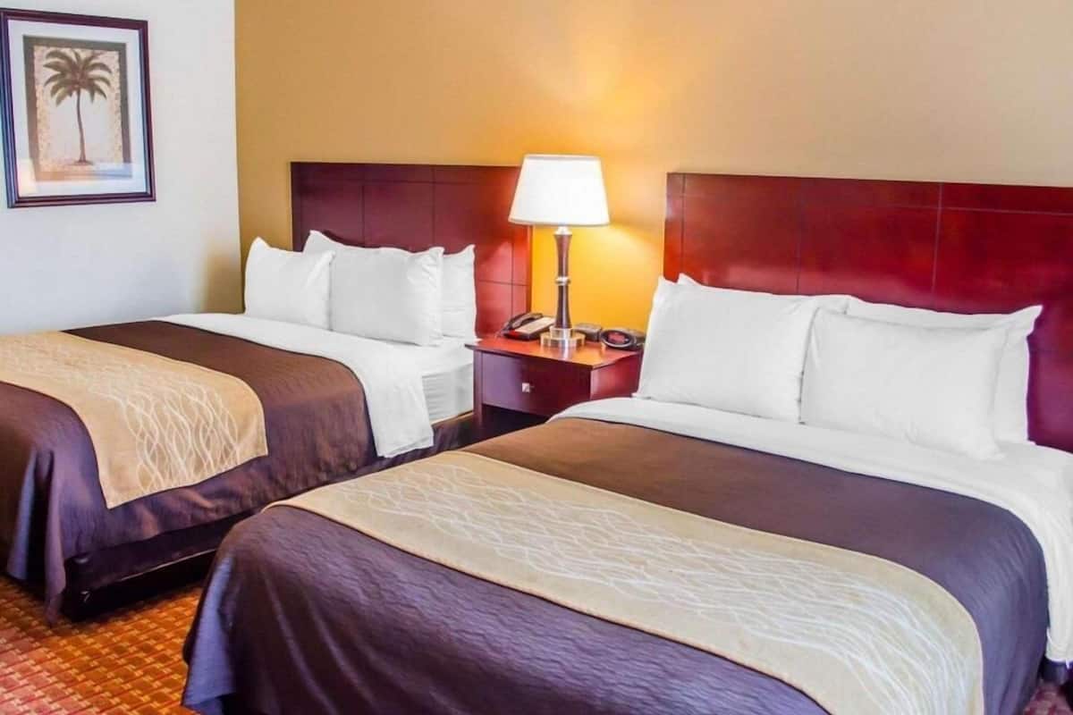 A hotel room with two beds, a nightstand with a lamp, and a framed picture on the wall.