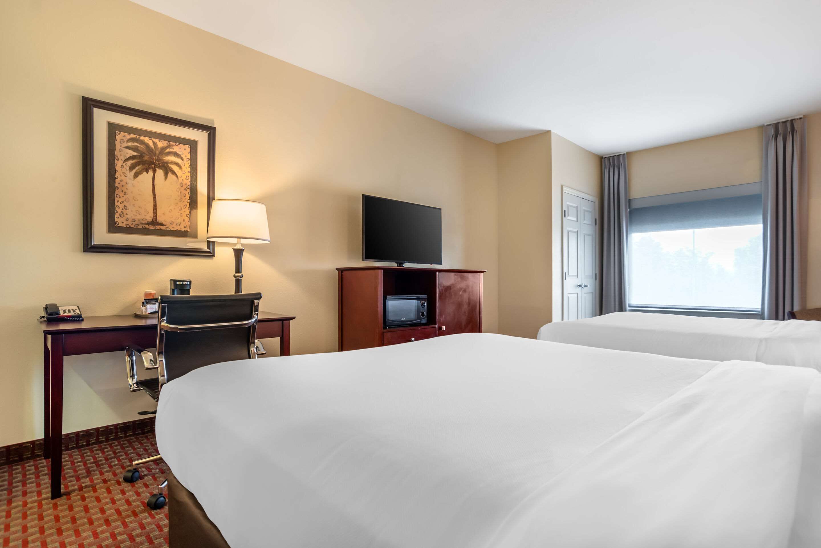 A hotel room with two beds, a desk with a lamp, a television, a microwave, and a framed picture on the wall.