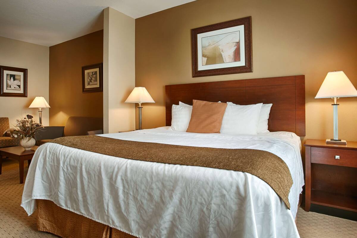 A hotel room with a large bed, two bedside lamps, a nightstand, a chair, and a framed picture on the wall.