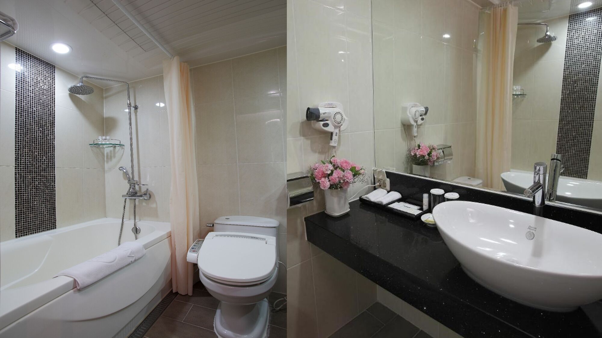 combined shower/bathtub, free toiletries, hair dryer, bathrobes