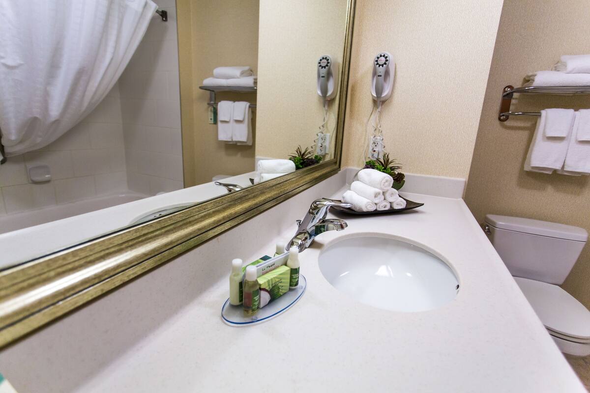 combined shower/bathtub, hair dryer, towels