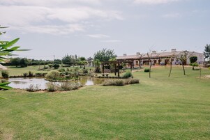 Un jardín bien cuidado con un estanque, un pabellón y un edificio con techo de tejas.