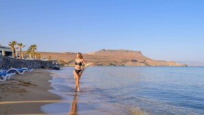 A beach with a stone wall, palm trees, and a mountain in the background. - Arina Beach Resort - All inclusive (Hersonissos)