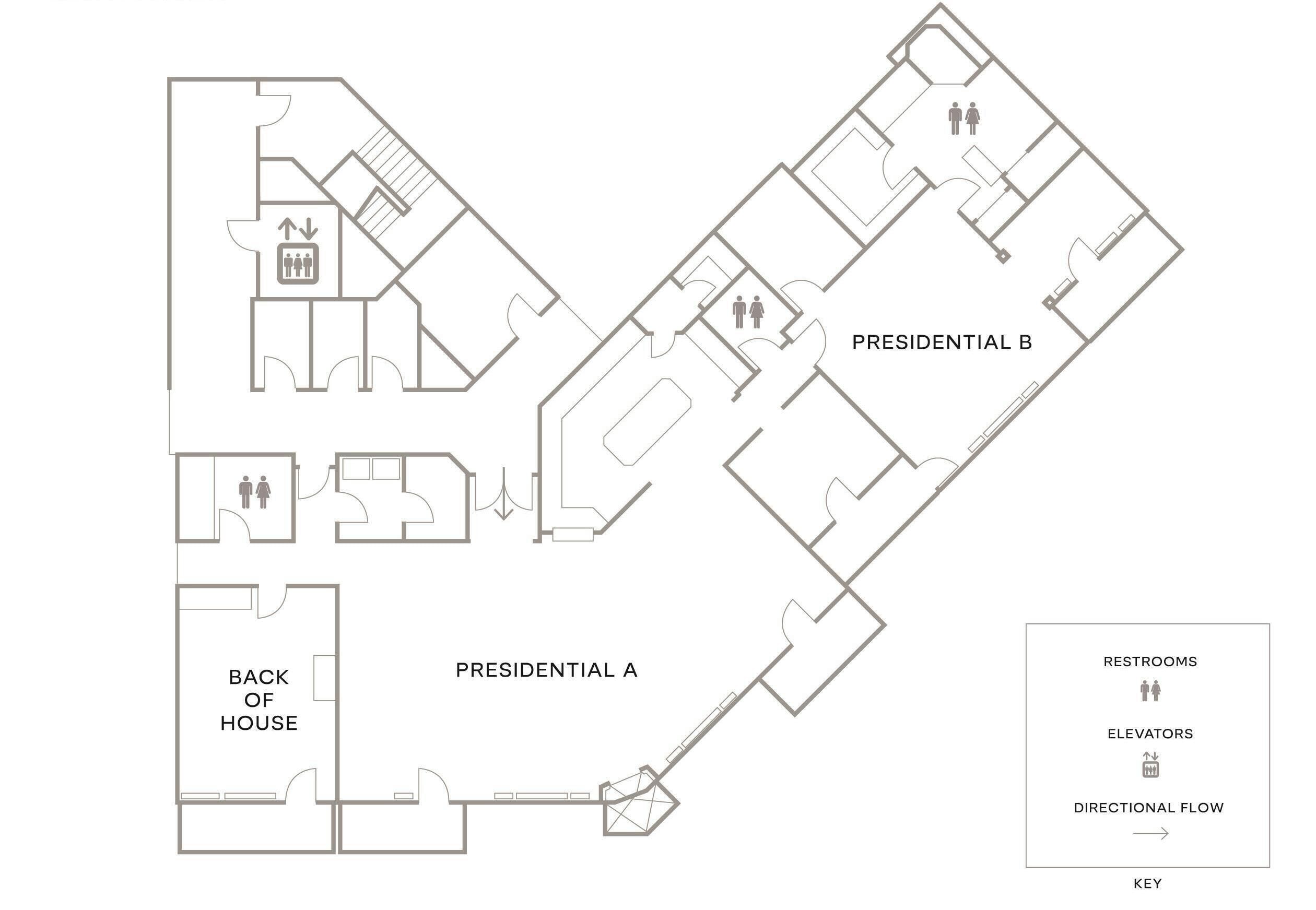 Plano de planta de un hotel que muestra las suites Presidencial A y B, baños, ascensores y el flujo de circulación.