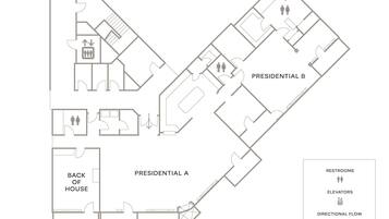 Plano de planta de un hotel que muestra las suites Presidencial A y B, baños, ascensores y el flujo de circulación.