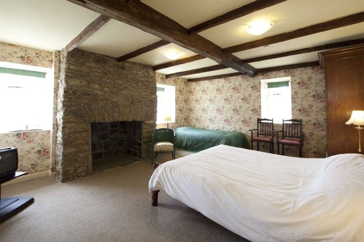 Ein Schlafzimmer mit Kamin, einem Bett, einem Sessel und einem Fernseher.