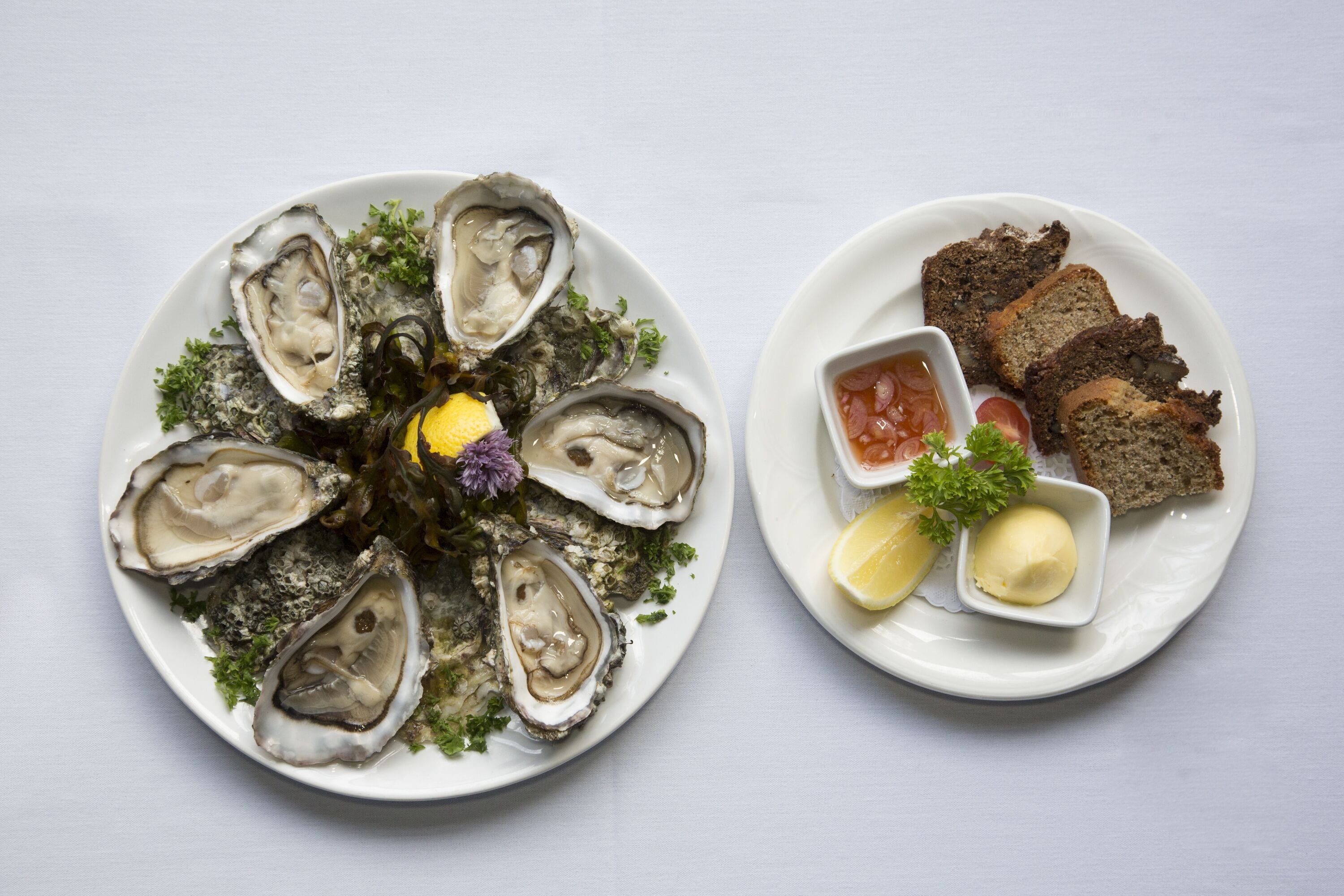 Two plates of food, one with oysters and the other with bread and condiments.