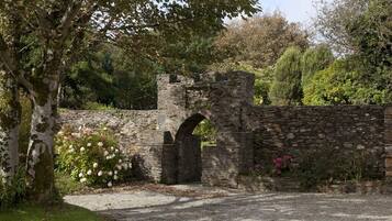 A stone archway leading into a garden with white roses and a tree.