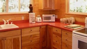 A wooden cabin interior with a kitchen area, including a sink, microwave, toaster, and oven.