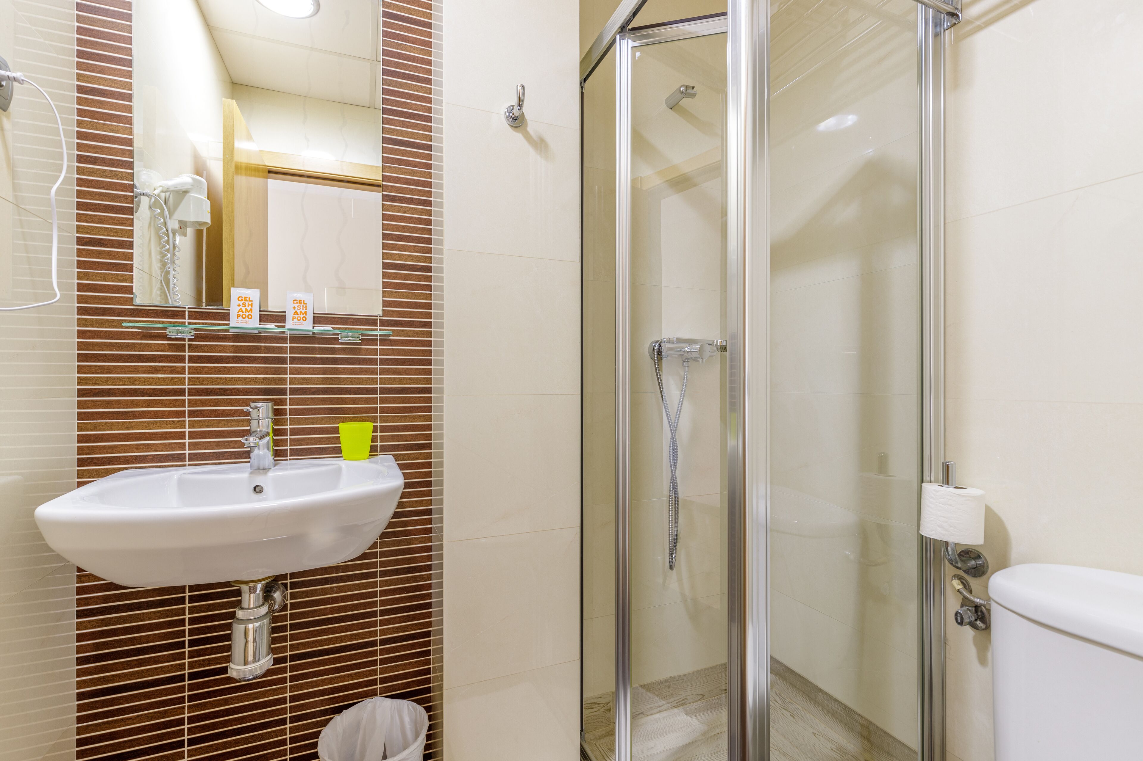 shower, free toiletries, hair dryer, towels