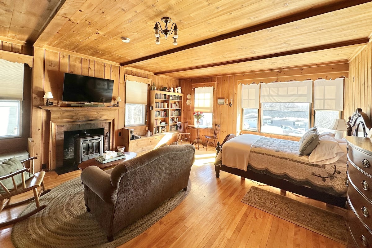 A cozy log cabin room with a fireplace, a television, a bed, a rocking chair, and a bookshelf.
