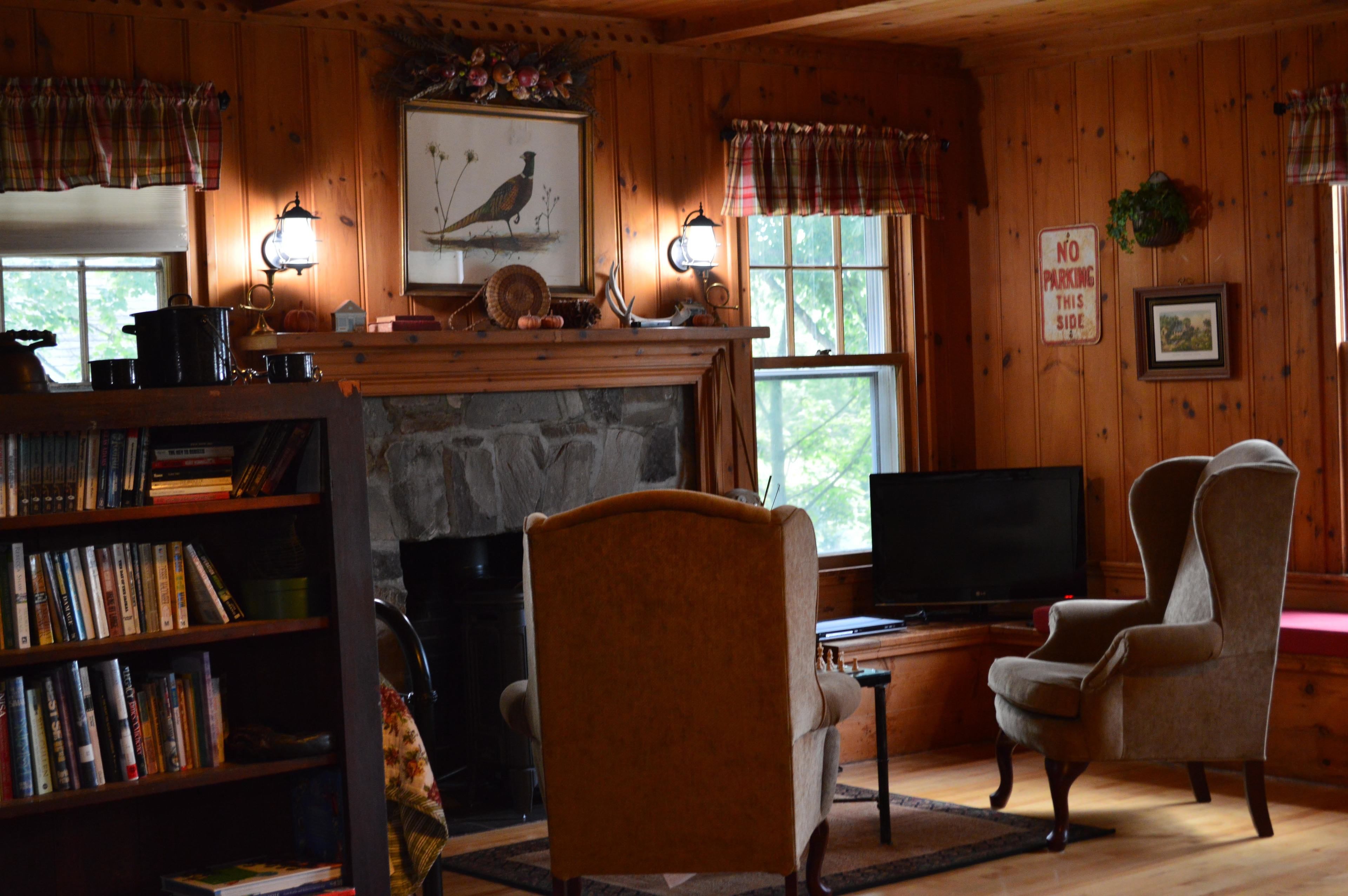 A cozy cabin interior with a fireplace, bookshelves, a television, and plaid curtains.