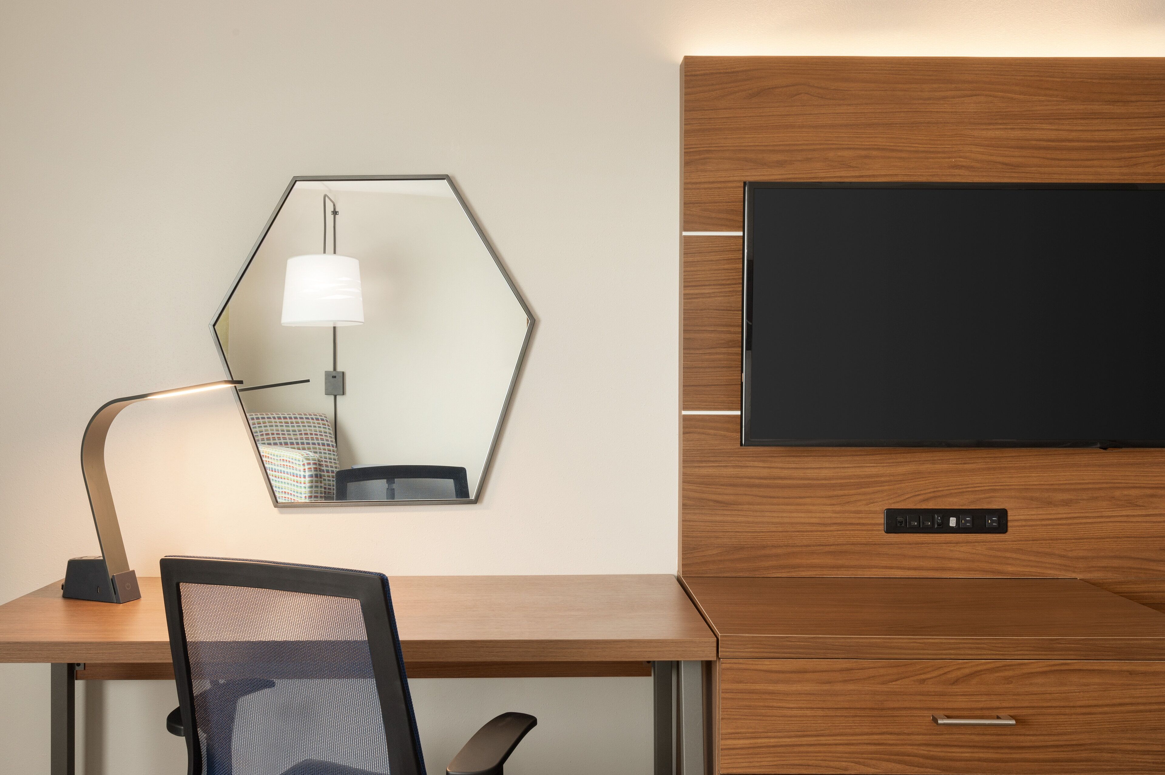 desk, laptop workspace, blackout curtains, iron/ironing board