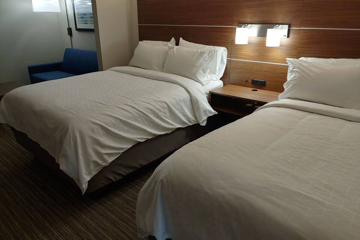 desk, laptop workspace, blackout curtains, iron/ironing board