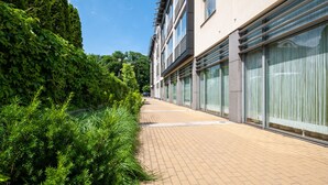 Un sendero bordeado por abundante vegetación y un edificio con grandes ventanales y fachada de ladrillo.