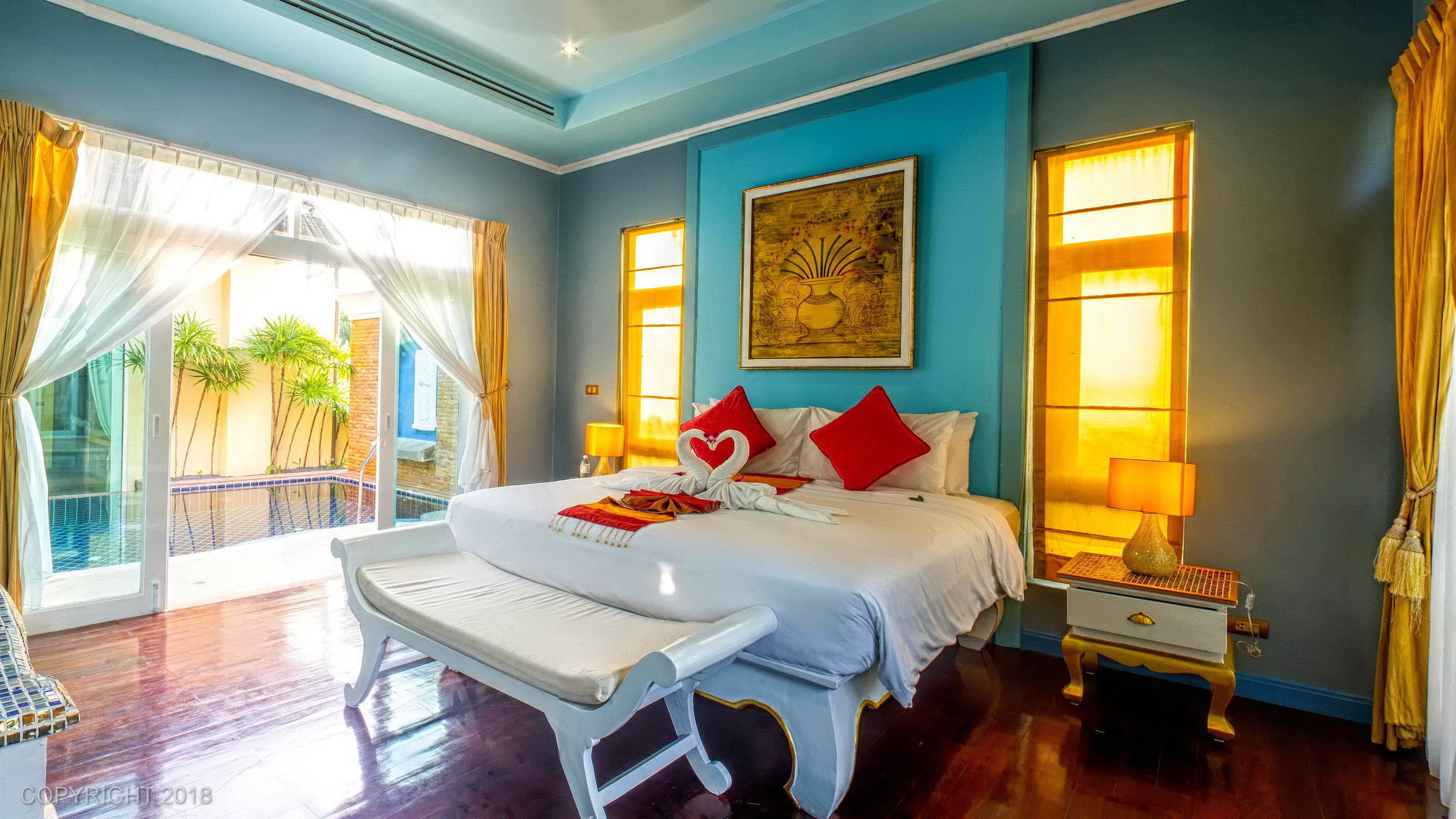 premium villa, 1 bedroom, pool view | premium bedding, down duvets, memory-foam beds, in-room safe