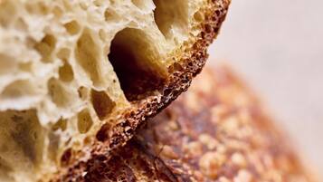 A close-up of a loaf of bread with a textured crust and porous interior.