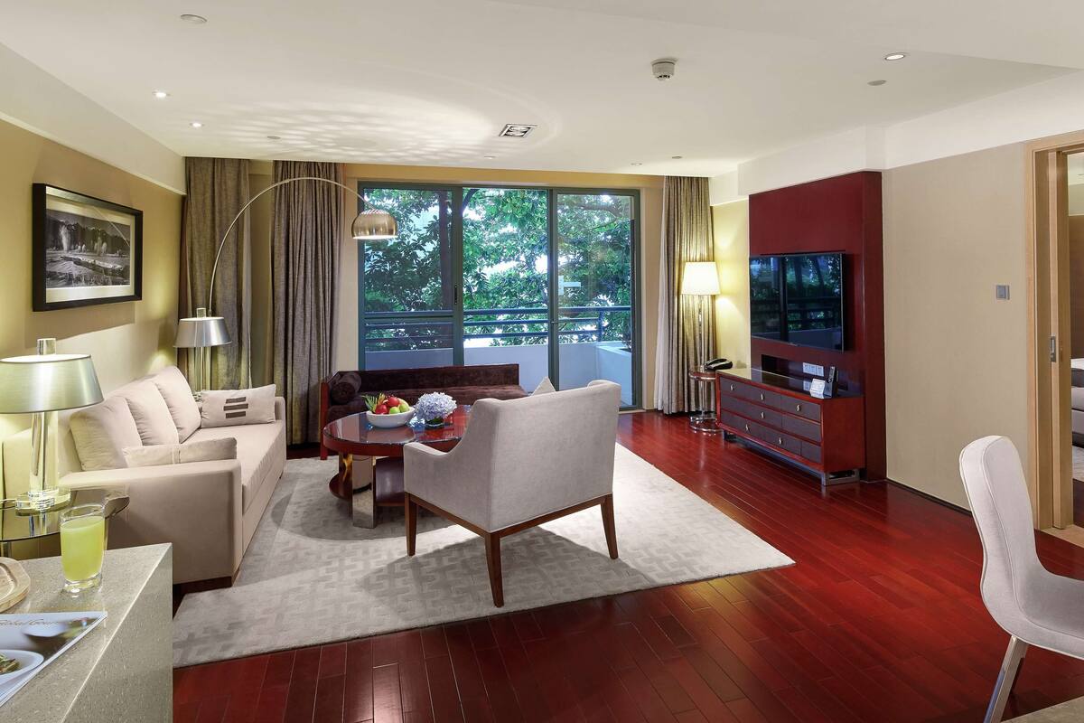 Une chambre d’hôtel moderne équipée d’un canapé, d’une table à manger et d’un téléviseur.