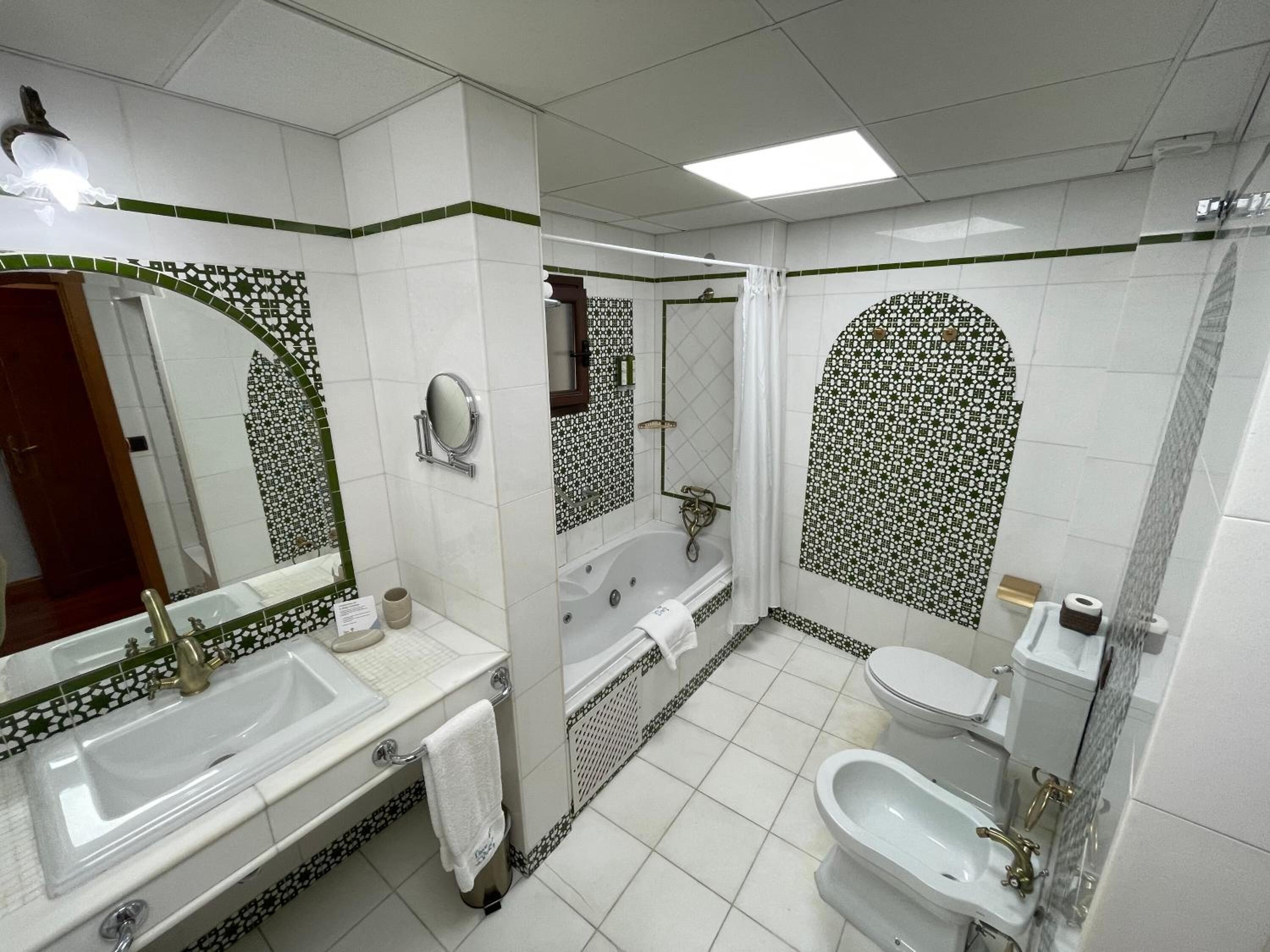 hydromassage showerhead, hair dryer, towels