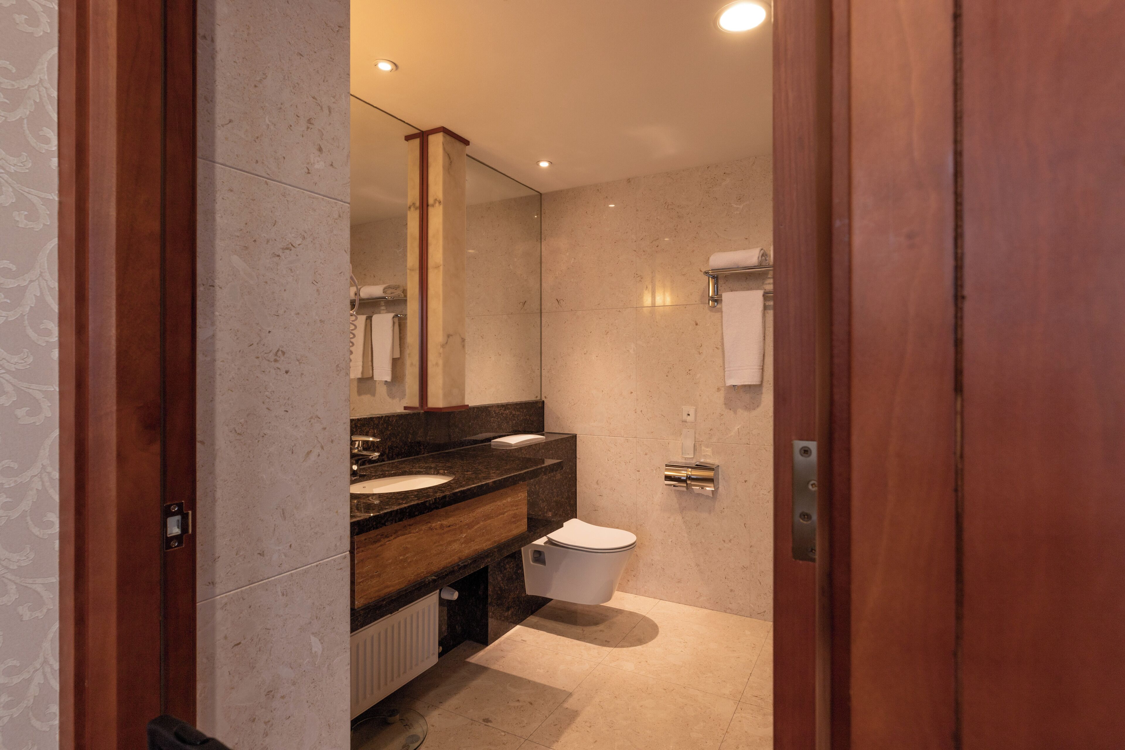 Une salle de bain moderne avec un meuble-lavabo en marbre, des toilettes et un grand miroir.
