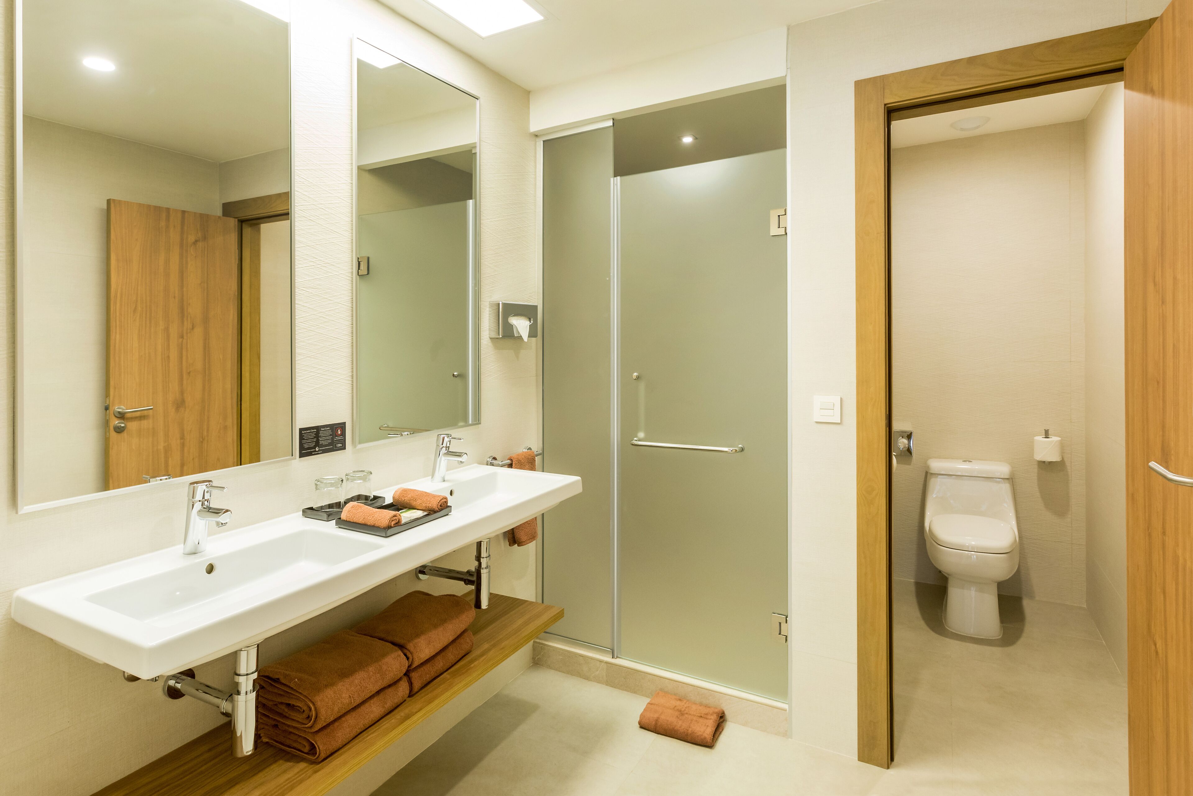 A modern bathroom with a large mirror, two sinks, a shower enclosure, and a toilet.