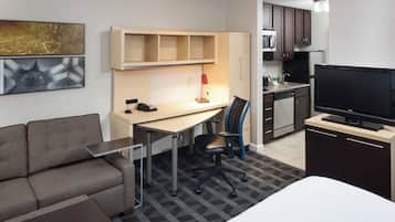 Laptop workspace, blackout curtains, iron/ironing board