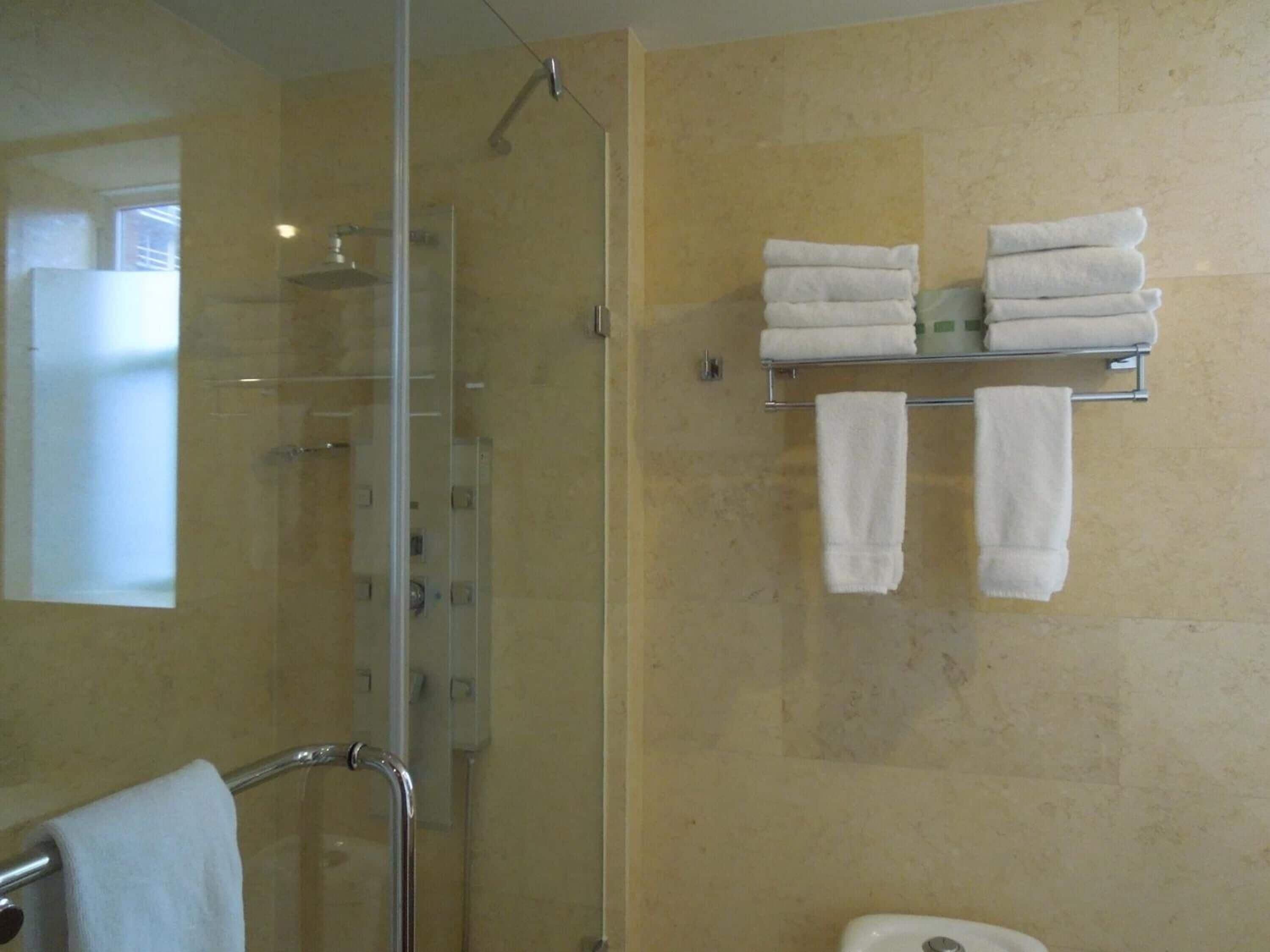 A bathroom with a glass shower enclosure, a glass door, and a towel rack with folded towels.