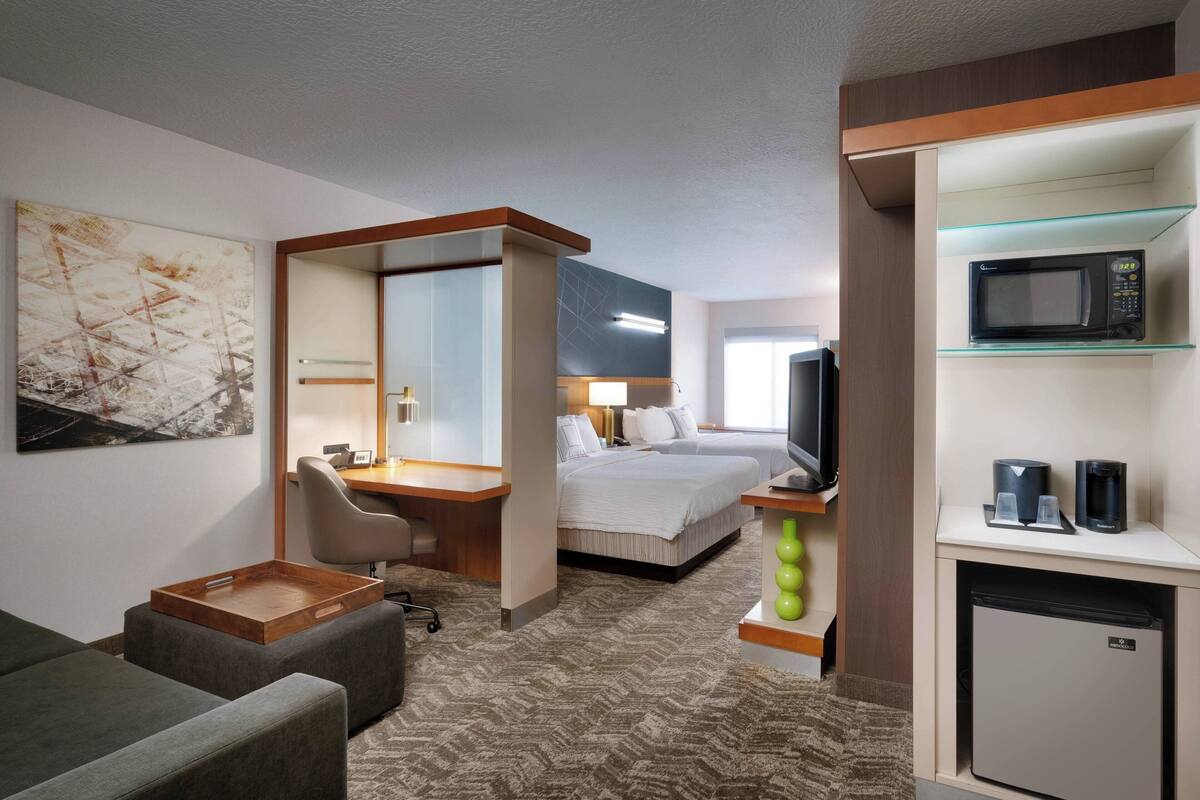 A hotel room with a sofa, a desk, a bed, a television, and a microwave.