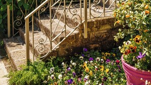 En stengang med smedejernsgelændere fører op til en dør, omgivet af frodigt grønt og blomstrende planter.