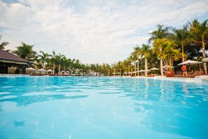 Outdoor pool, pool umbrellas, pool loungers