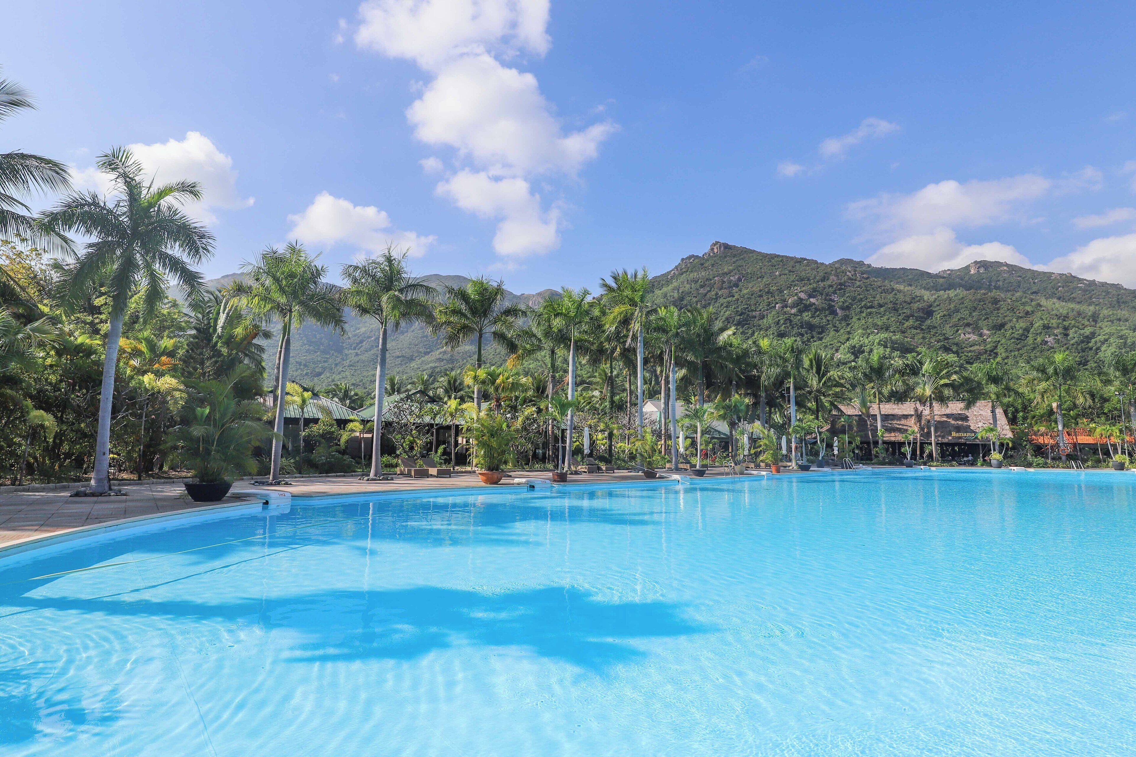 Piscine extérieure, parasols de plage, chaises longues