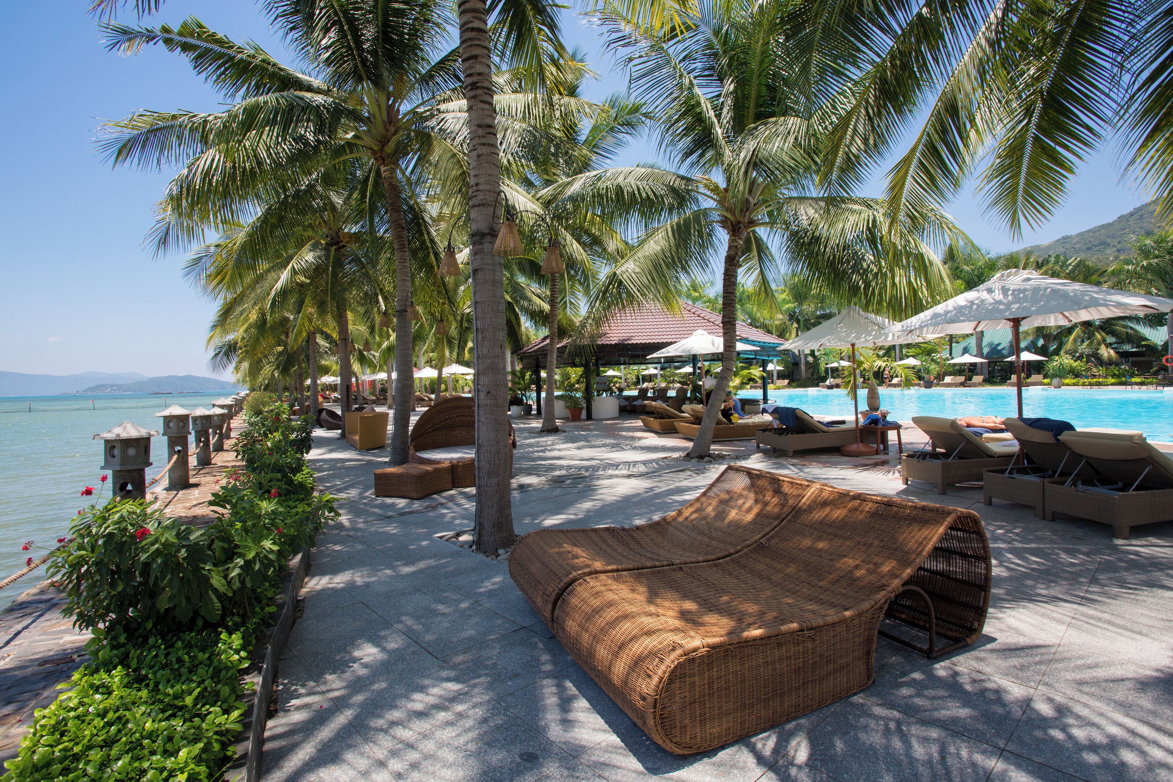 outdoor pool, pool umbrellas, pool loungers