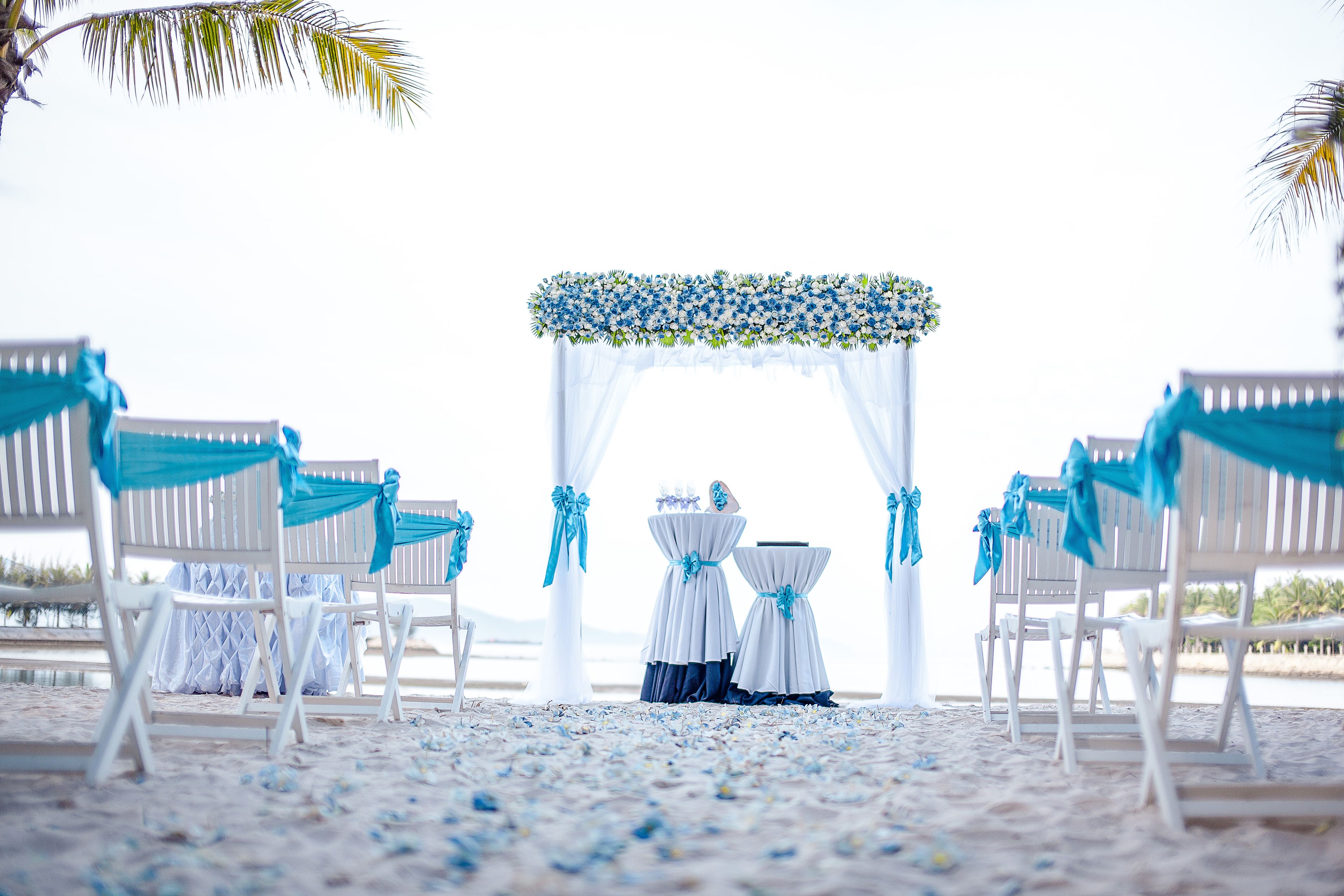 A beach wedding setup with white chairs and tables, decorated with blue ribbons and floral arrangements.