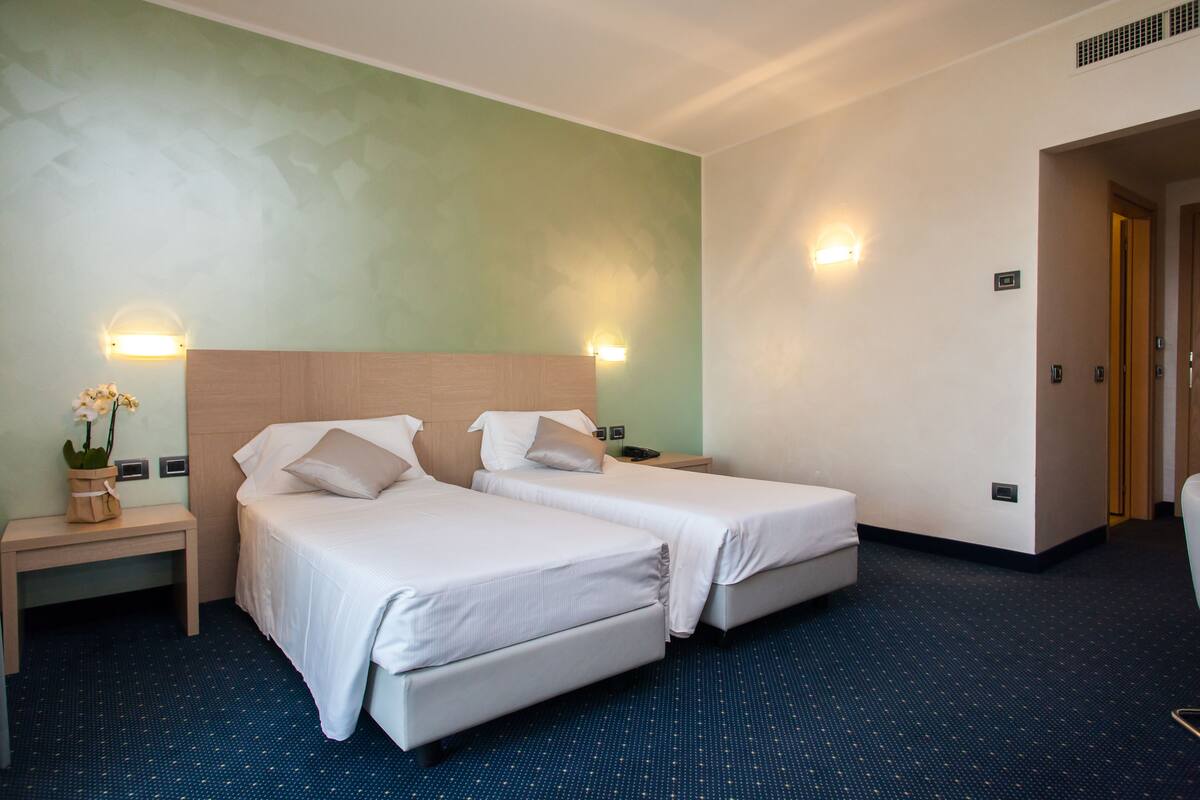 Hotellihuone, jossa on kaksi erillistä sänkyä, yöpöytä lampun kanssa ja pieni huonekasvi.