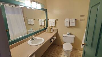 A small bathroom with a sink, mirror, toilet, and towel racks.