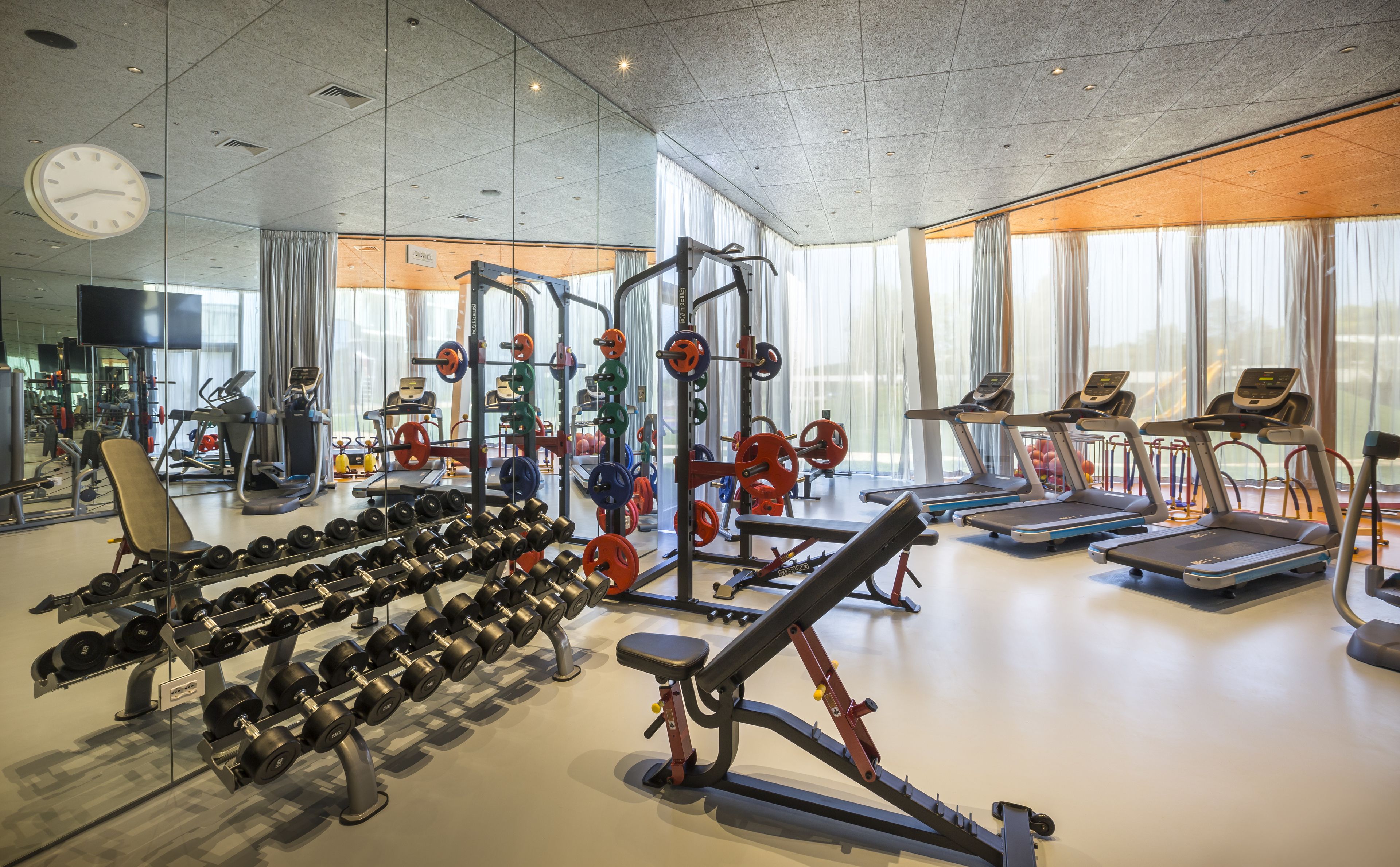 A gym with various exercise equipment, including treadmills, weight machines, and free weights.
