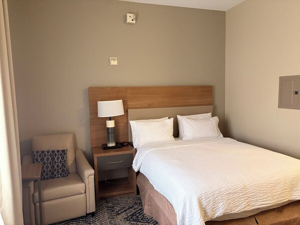 A hotel room with a bed, a nightstand with a lamp, a chair, and a patterned rug.