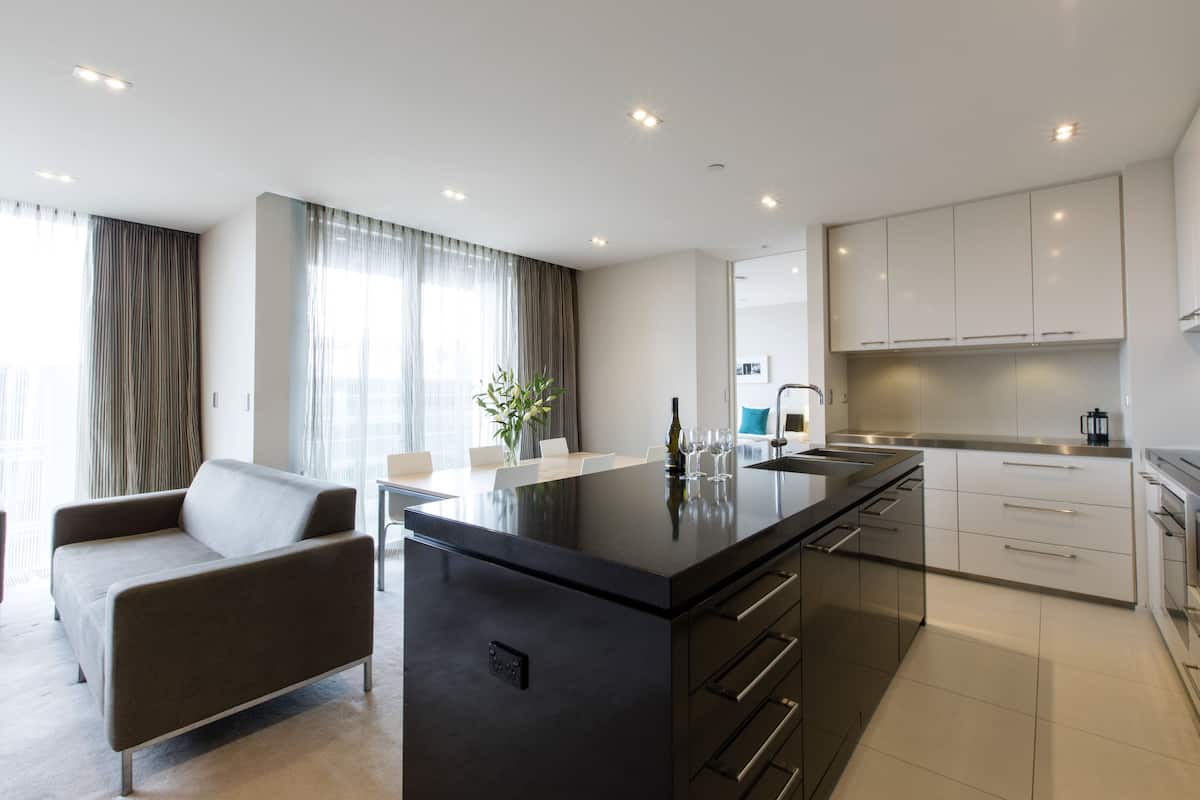 Full-sized fridge, microwave, stovetop, dishwasher