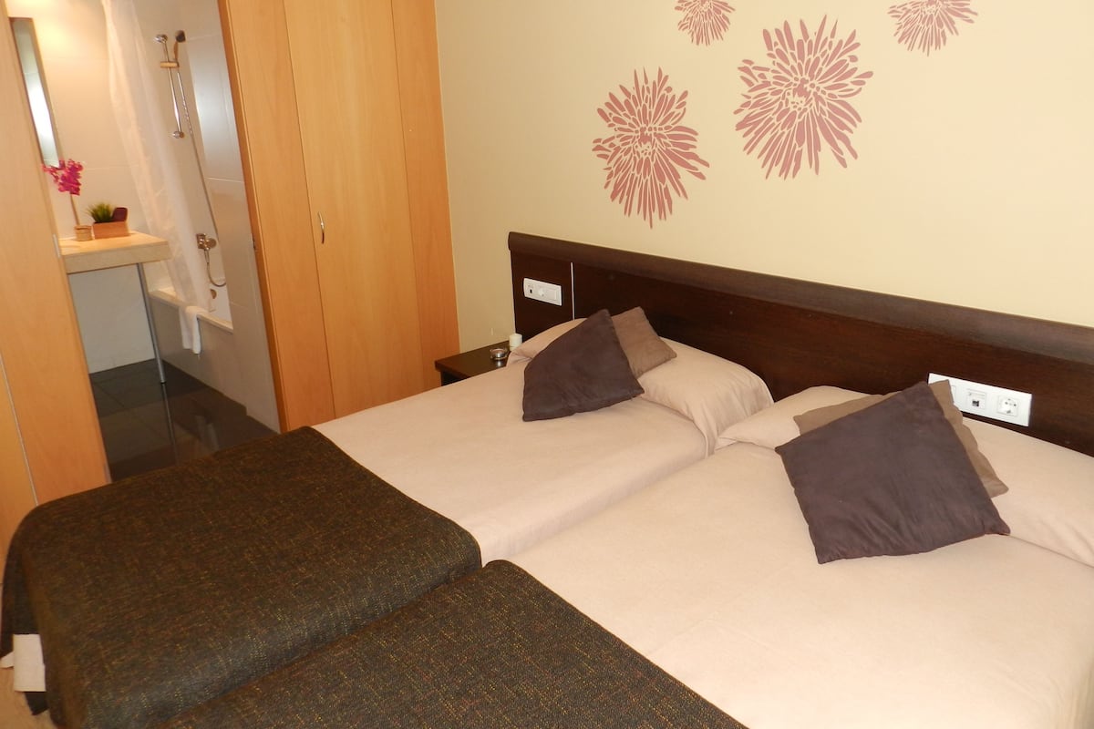 A hotel room with two beds, a wooden wardrobe, a bathroom with a shower, and a small table with a plant.