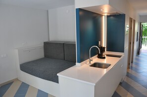 Apartamento Confort, 1 habitación, cocina básica | Cocina privada | Frigorífico grande, microondas, placa de cocina y cafetera o tetera