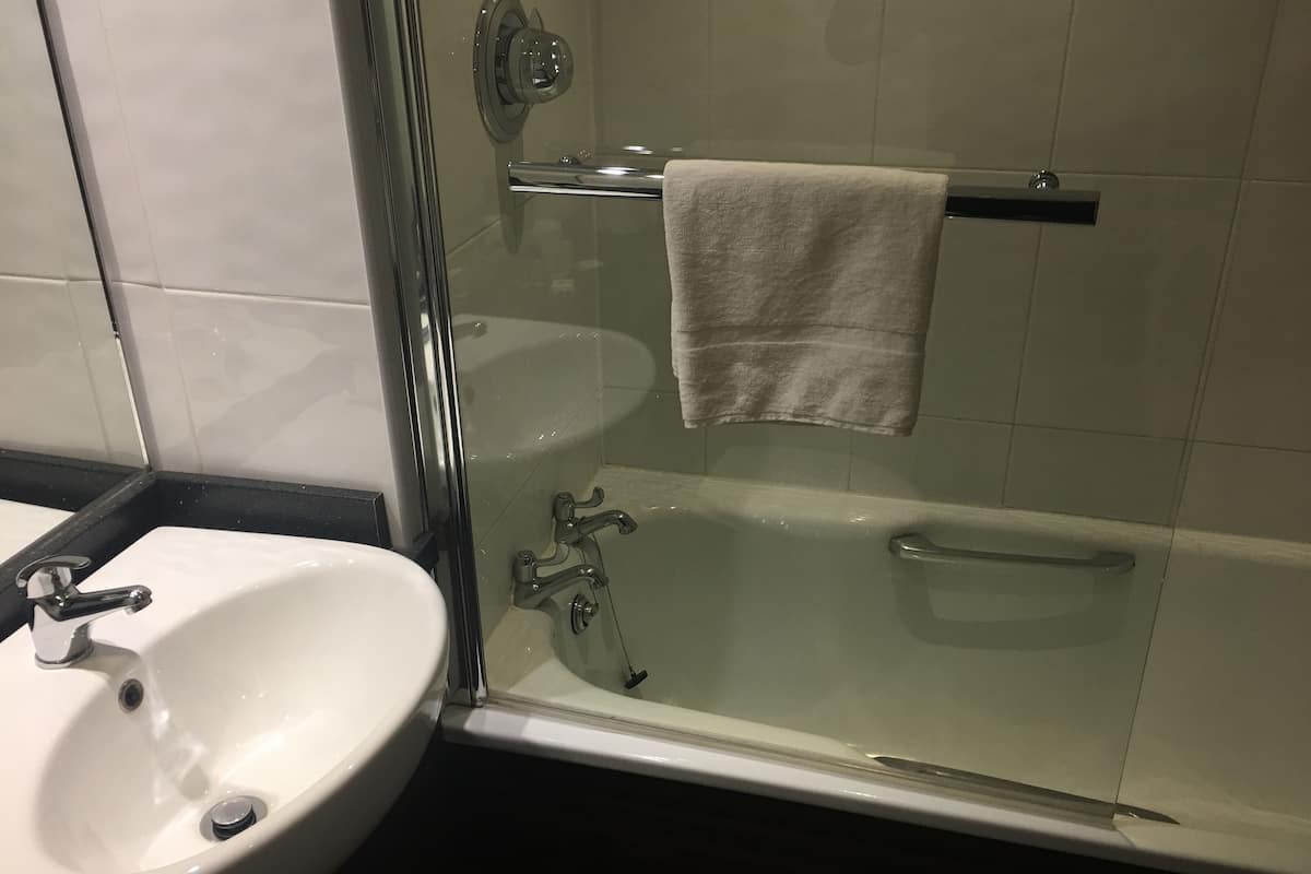combined shower/bathtub, free toiletries, hair dryer, towels