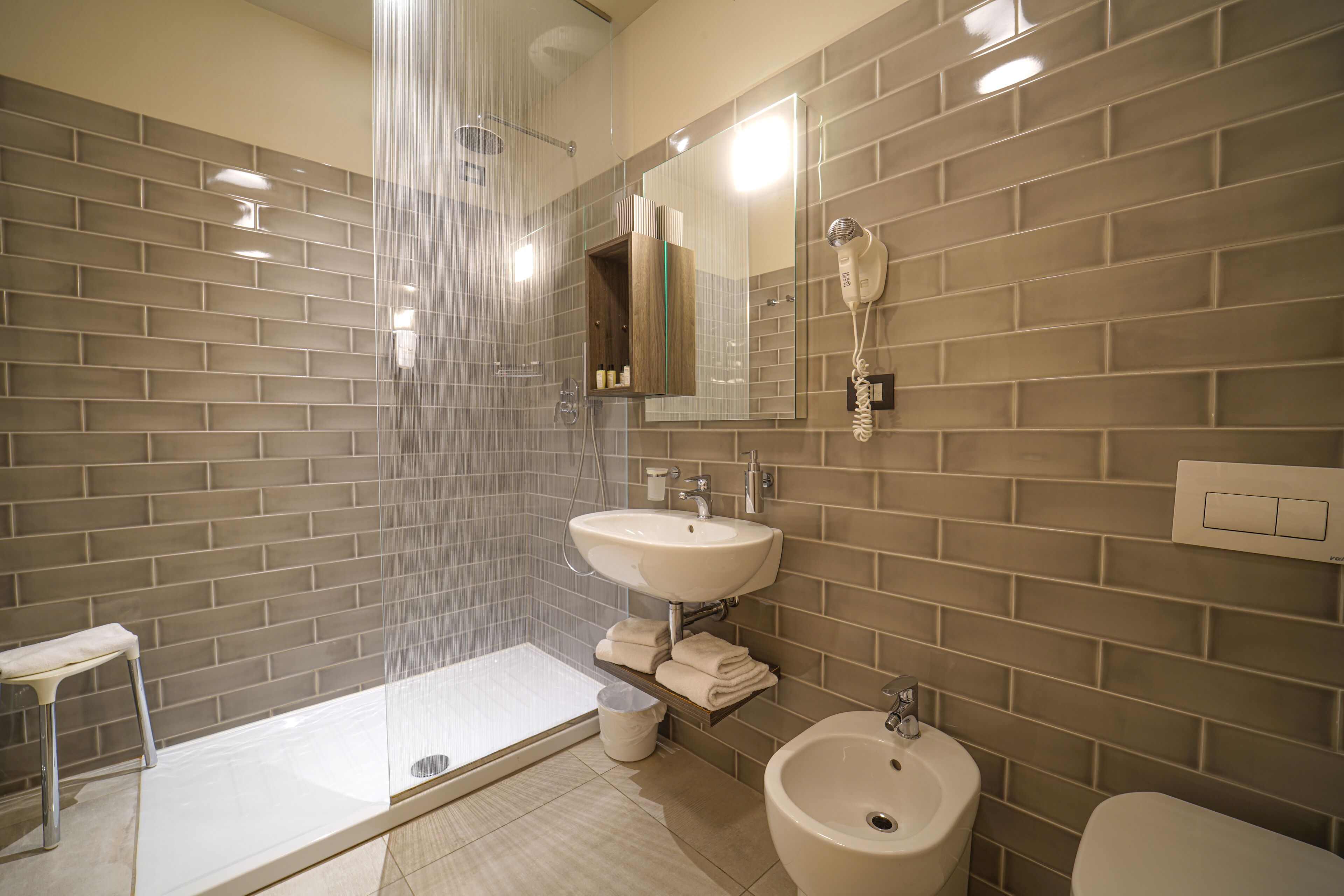 hair dryer, bidet, towels