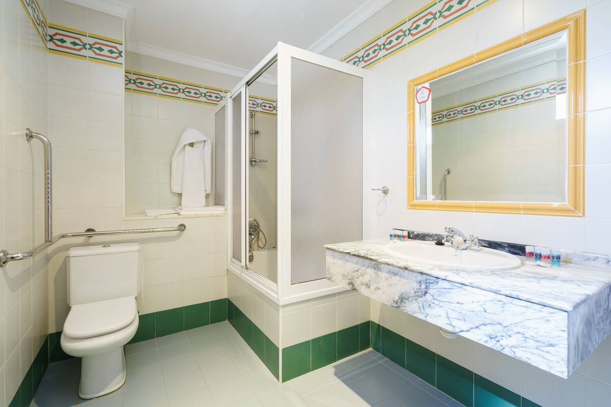 A bathroom with a toilet, a shower, a sink, and a mirror.