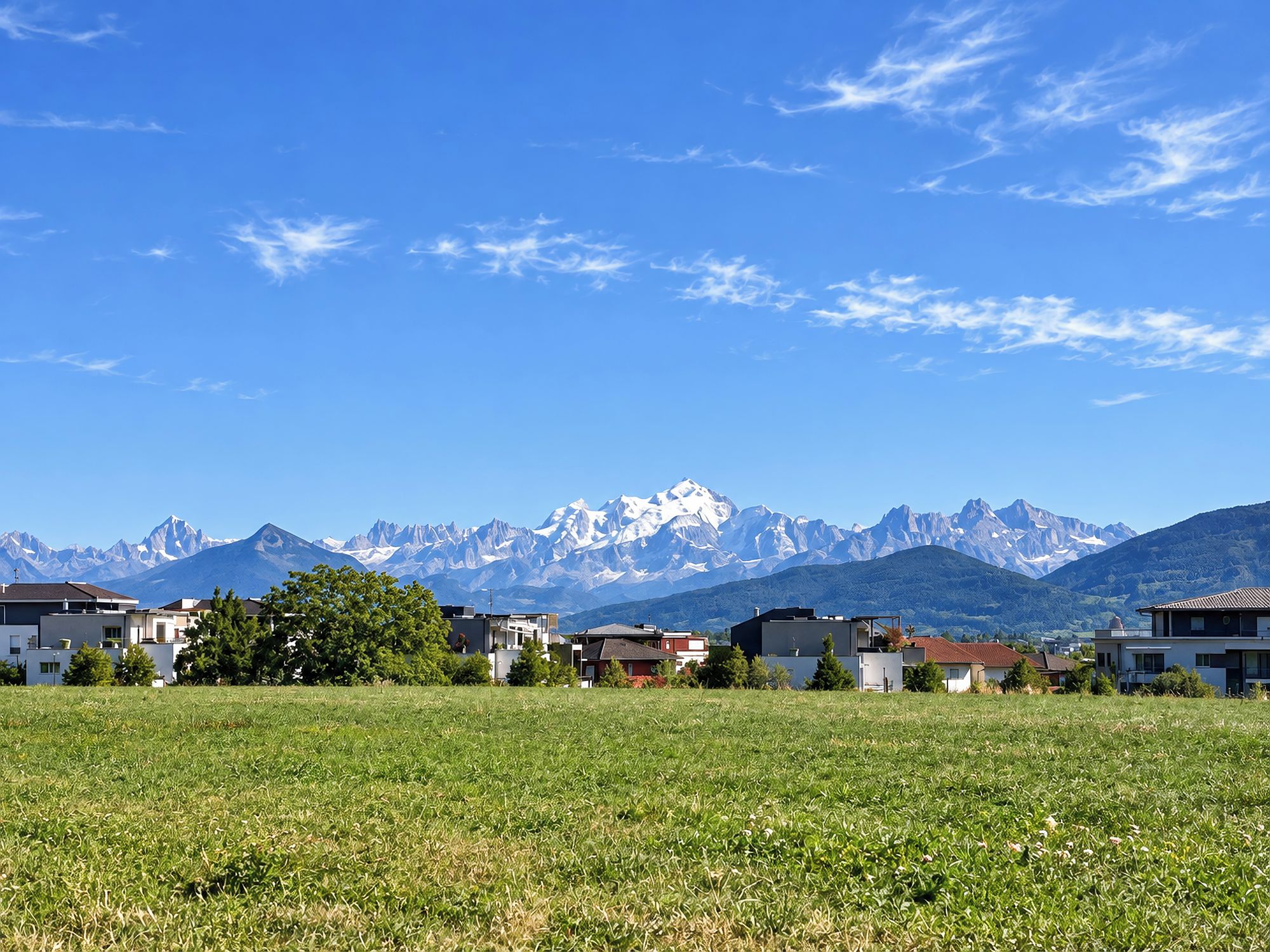 Un quartier résidentiel avec des maisons modernes, un terrain herbeux et, au loin, une chaîne de montagnes.