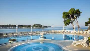 Outdoor pool, pool umbrellas, pool loungers