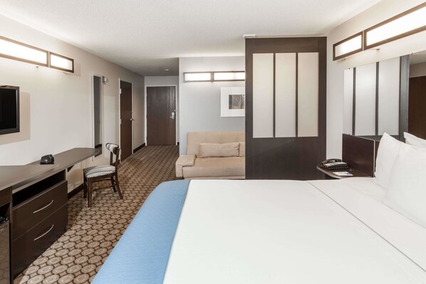 A hotel room with a bed, a desk, a chair, a sofa, and a TV. - Microtel Inn & Suites by Wyndham Elkhart (Elkhart)