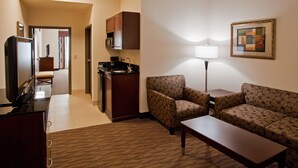A compact living area with a sofa, a coffee table, a TV, a kitchenette, and a patterned rug. - Holiday Inn Express & Suites Austin South-Buda by IHG (Buda)